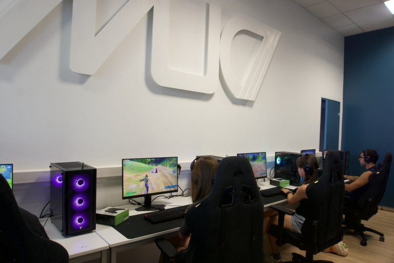 Joueurs sur ordinateurs dans une salle de gaming.